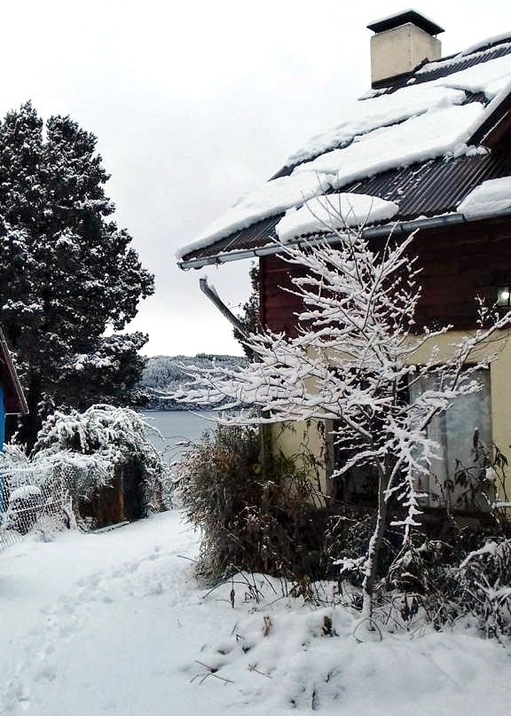 A snow-covered exterior of the home is highlighted, featuring a sloped roof with fresh snow accumulation. The surrounding landscape includes frosted trees and shrubs, with a peaceful pathway leading toward the lake in the background, creating a serene winter scene.
