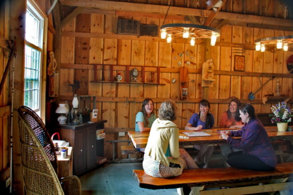 Guests playing a board game in the lodge