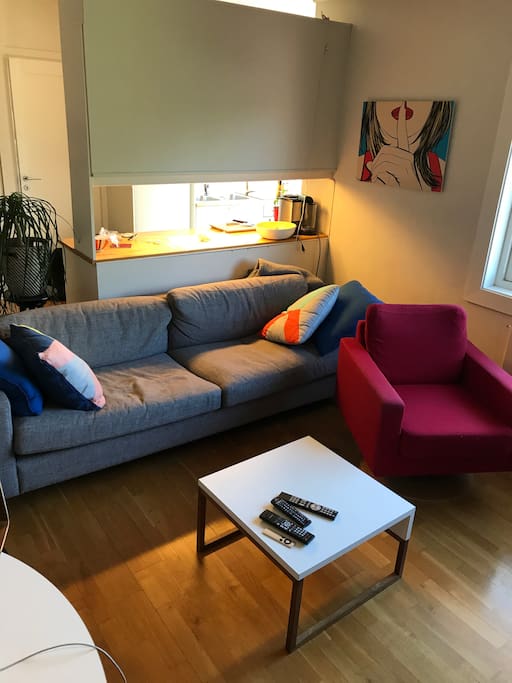 Living room with kitchen in the background