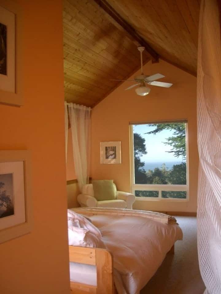 Donji štitnici i tekuće bijele zavjese u glavnoj spavaćoj sobi s pogledom na ocean