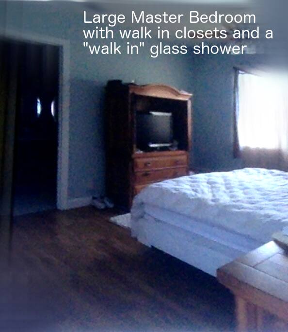 Large Master Bedroom with Walk In Glass Shower and 2 Large Closets Space