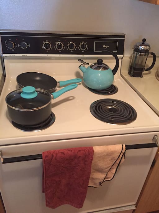 Kitchen with all amenities available for use. French press available to make coffee. Complimentary tea available!
