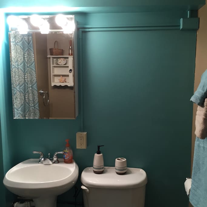 Private bathroom is bright and clean equipped with shower.
