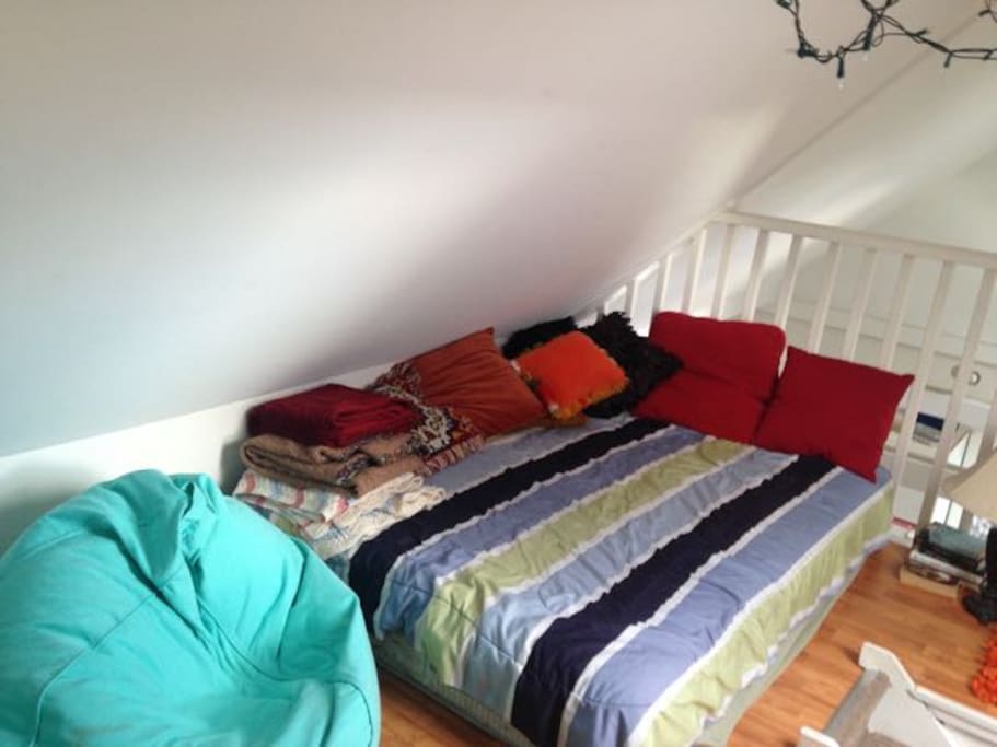 Loft, double bed, bean bag chair