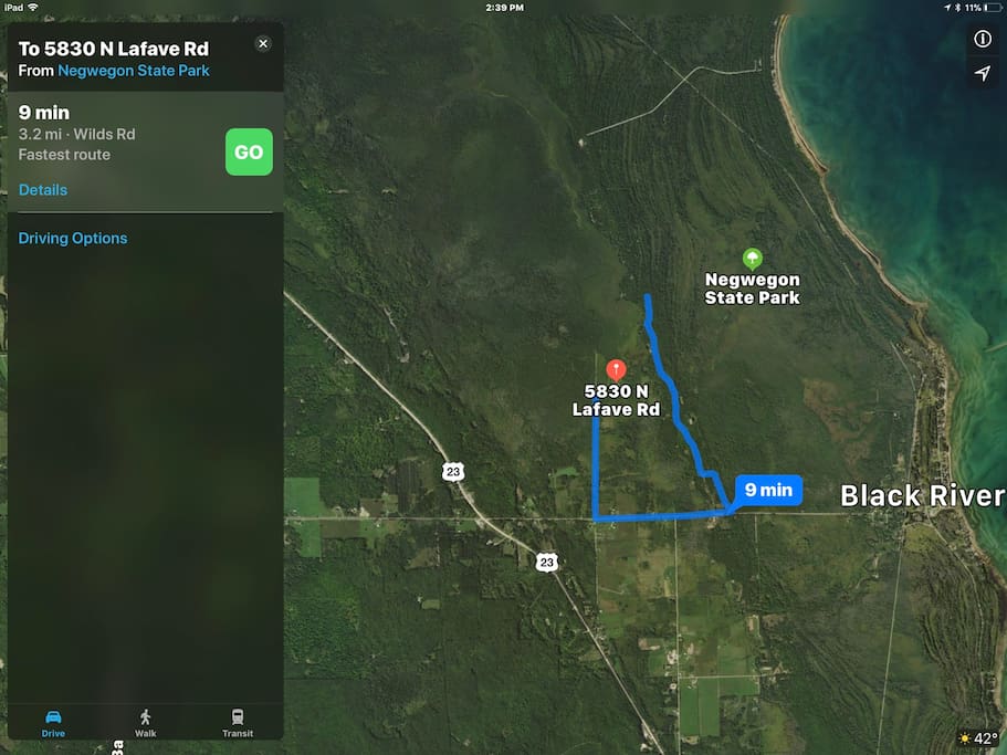 Our property is adjacent to Negwegon State Park.
Less than 10 minutes of 25 mph driving, you will reach a beautiful undeveloped sandy beach.