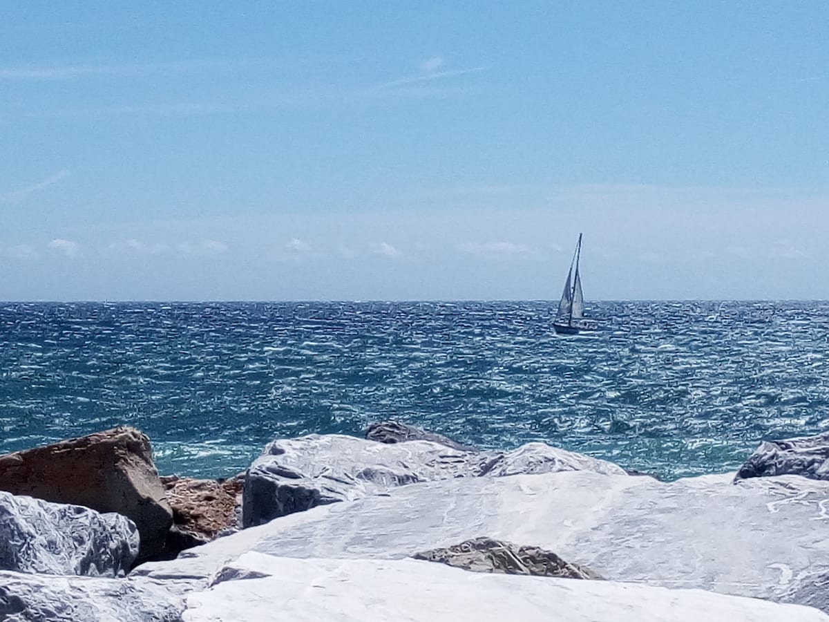 An image captures the calm sea with gentle waves, where a sailboat glides across the water. The rocky shoreline is visible in the foreground, while the bright blue sky complements the serene ocean backdrop.