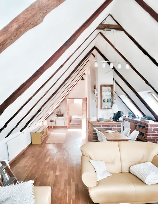 Blick in Richtung Wohnküche und Schlafzimmer mit dem Doppelbett unterm großen Dachfenster. In der Küche sind alle wichtigen Geräte vorhanden wie ein Herd, Kaffeemaschine, Kochutensilien und was man sonst noch so braucht für einen entspannten Urlaub.