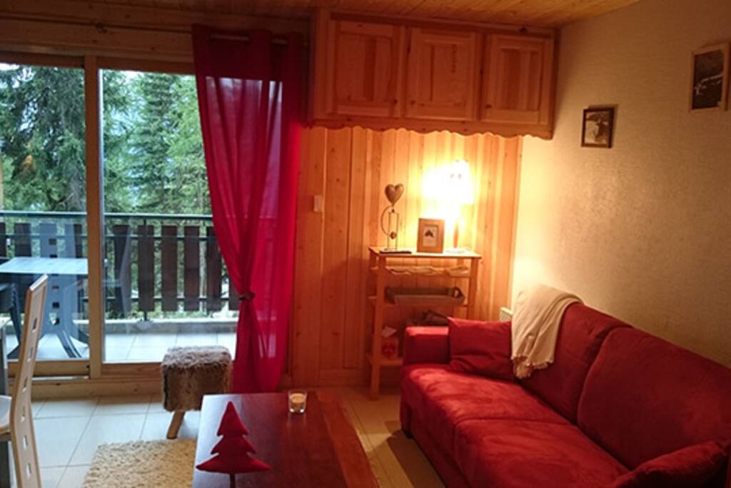 pièce principale canapé convertible, table basse, table repas et chaises , tv ecran plat,nombreux rangements