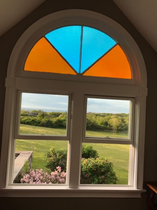 view from the studio. glass from the church on the island.