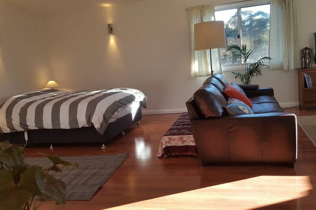 Sleeping area next to lounge with queen bed.