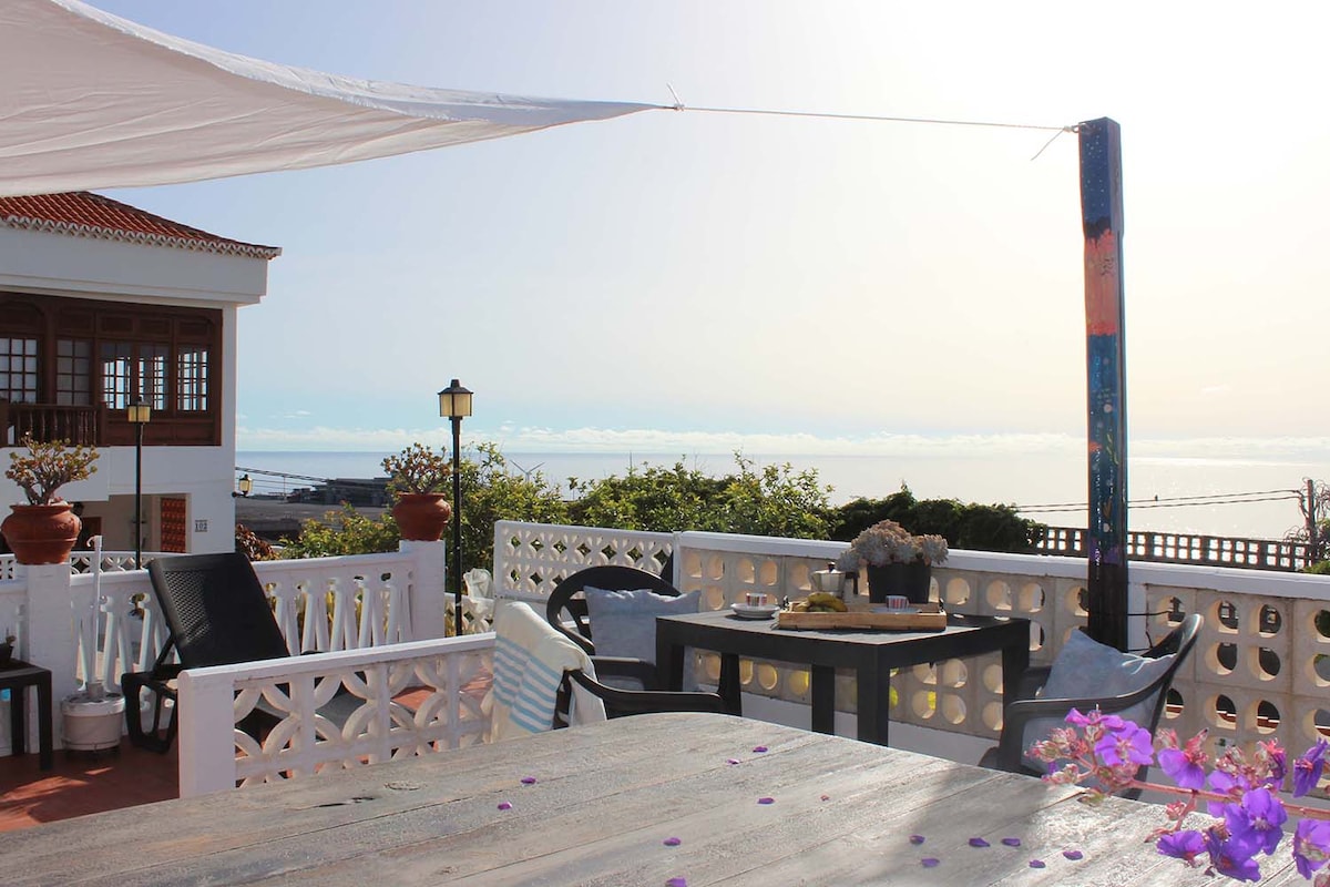 A spacious terrace is presented, featuring a dining table surrounded by chairs and decorative potted plants. A gentle breeze flutters a canopy overhead, and the ocean can be seen in the distance beneath a soft, bright sky.