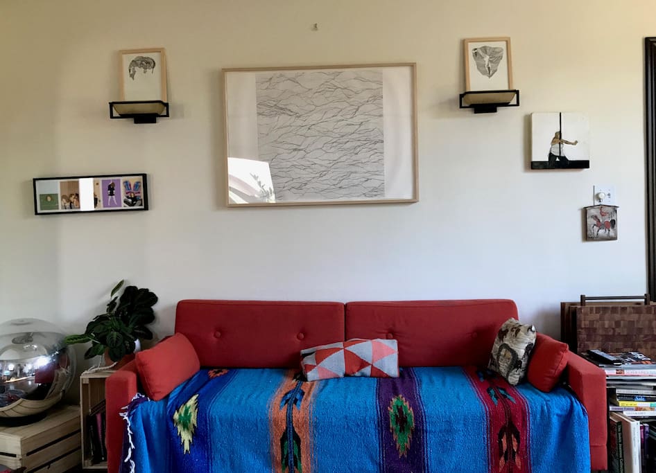 Living Room with Art from emerging artists based in LA and NYC