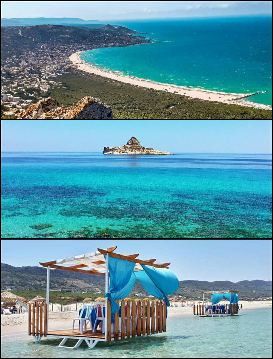 A panoramic view of Rafraf Beach stretches along the coastline, with sandy shores meeting the turquoise sea. In the distance, a small island is visible, surrounded by clear blue waters, offering a serene, natural landscape.