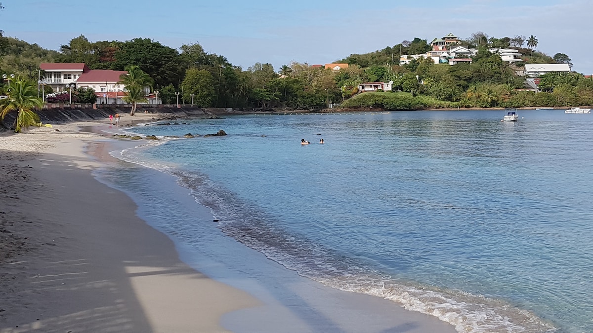 A serene beach scene showcases soft, light sand meeting calm, clear waters. Gentle waves lap at the shore, where two individuals can be seen enjoying the water. In the background, residential homes are nestled among lush greenery, creating a peaceful coastal atmosphere.