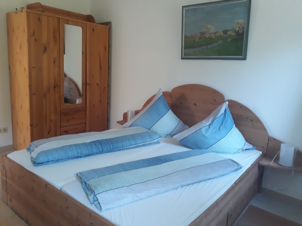 A cozy bedroom features a spacious bed with blue and white decorative pillows. A wooden wardrobe stands in the corner, complemented by a landscape painting on the white wall. Natural light fills the room, enhancing the calm atmosphere.