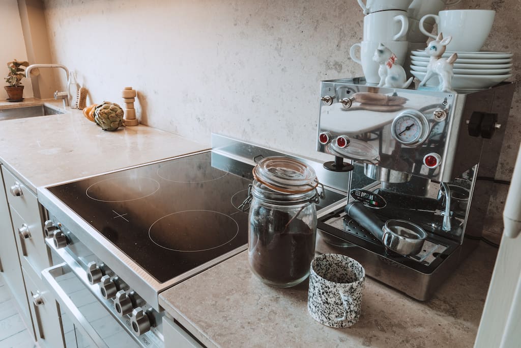 Bertazzoni stove and italian espresso machine