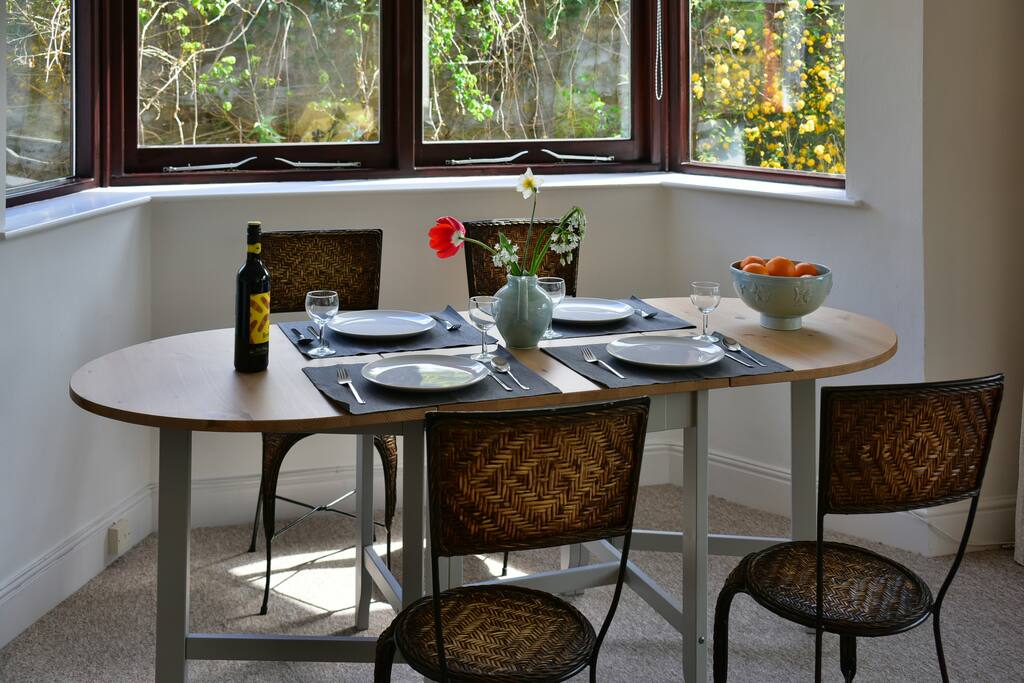 Dining in the window bay.
