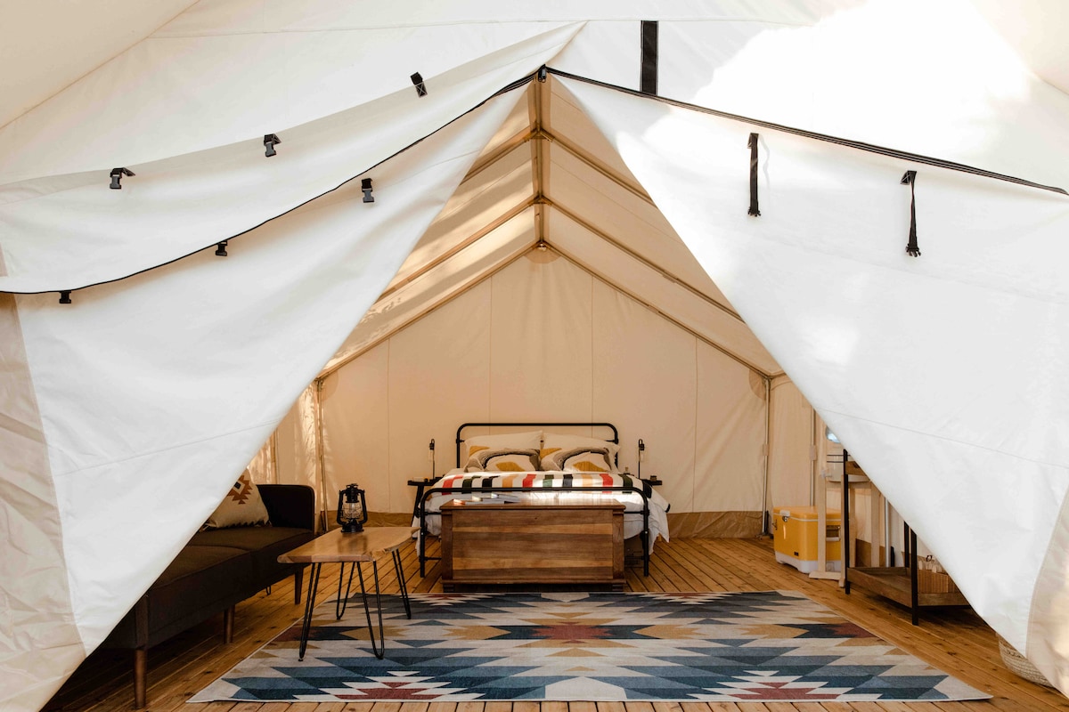 The interior of the safari tent features a queen bed with a cozy blanket, complemented by a rustic wooden nightstand. A comfortable sleeper sofa is partially visible, with a colorful rug adding warmth to the wooden floor. Soft natural light filters through the tent's open entrance.