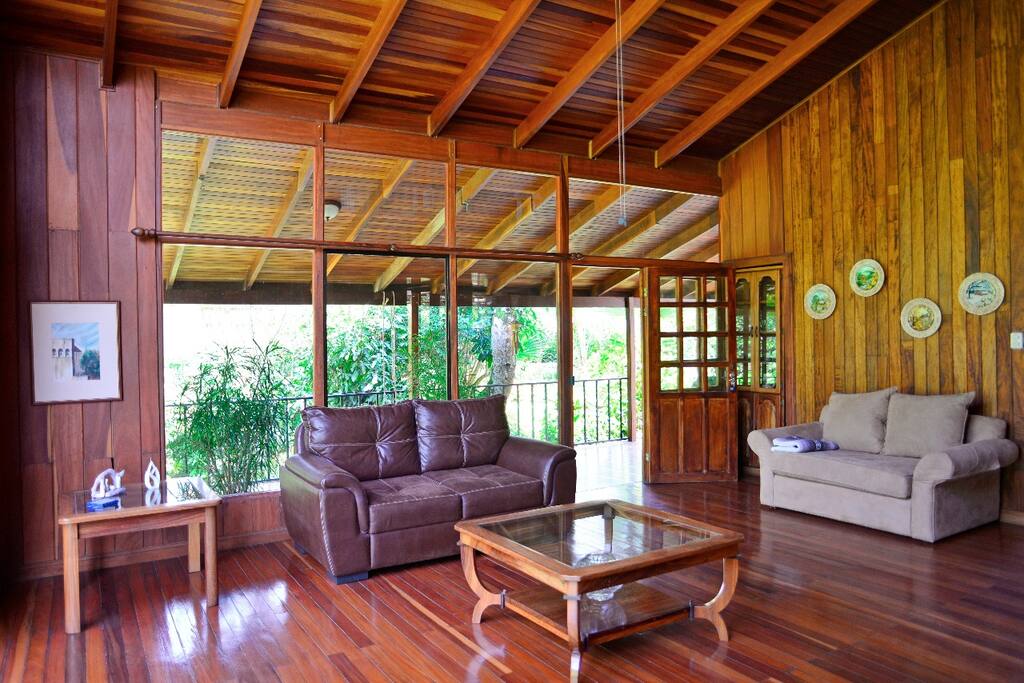 Livingroom with view to the gardens and stream.