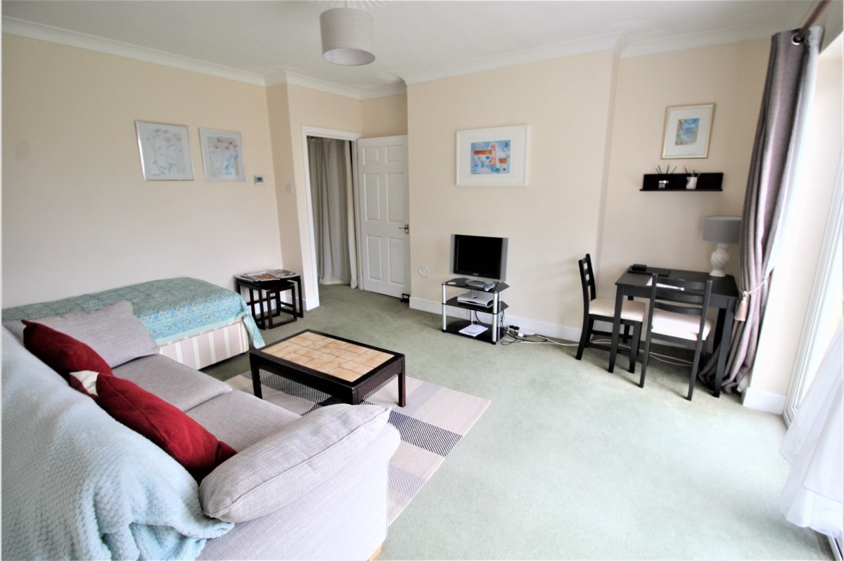 A spacious lounge area features a comfortable settee and a full-size single bed. A flat-screen TV is situated on a stand, accompanied by a small dining table and two chairs. Natural light enters through patio doors that lead to the private garden.