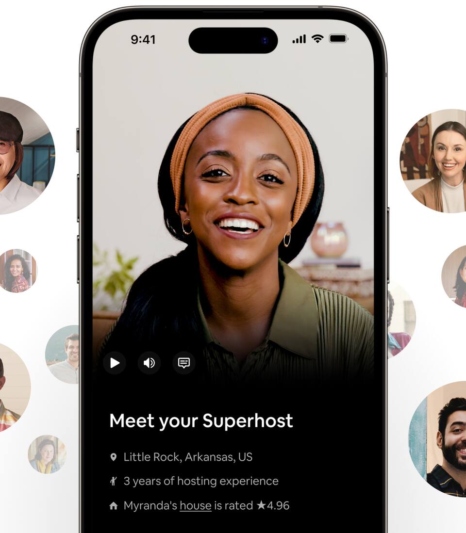 A smiling Superhost in the Airbnb app. Text informs us that her name is Myranda, she has three years of experience hosting in Little Rock, and her Airbnb rating is 4.96 stars out of 5.