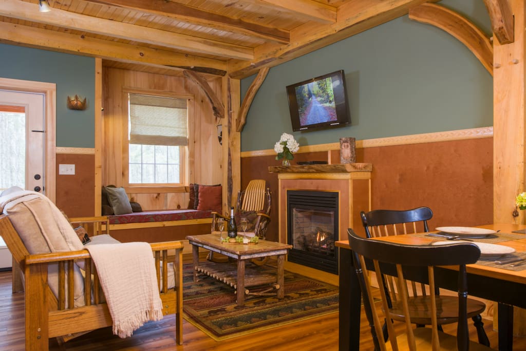Inviting living room with fireplace and Swedish reading nook