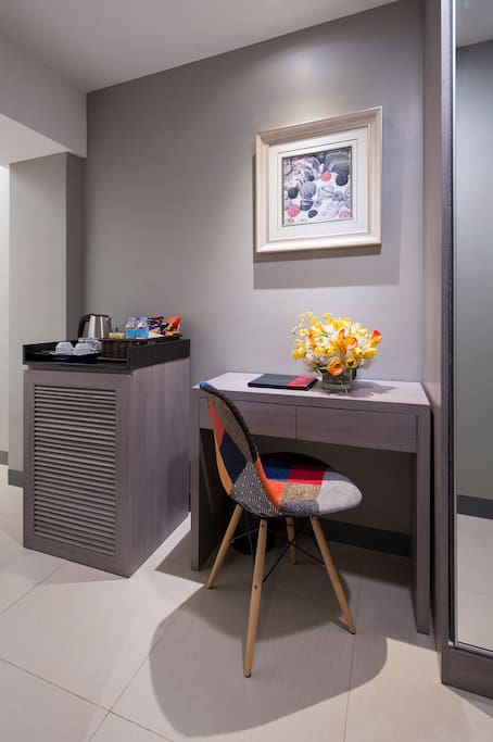 Minibar and coffee/tea-making facility in every room. 2 complimentary bottles of water