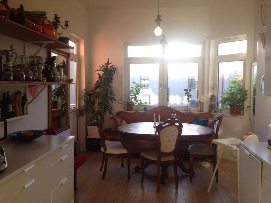 Big and well equipped kitchen. Gas stove, dish-washer. The kitchen also has a door out to the balcony with table, chairs and a little plantation of green herbs. The balcony has sun from around 10 AM till 18 AM in summertime.