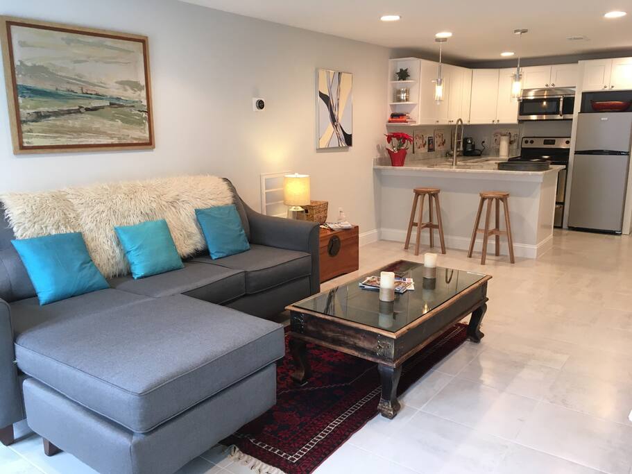 Living room and kitchen (dishwasher, microwave, oven, Nespresso coffee machine, garbage disposal etc...)