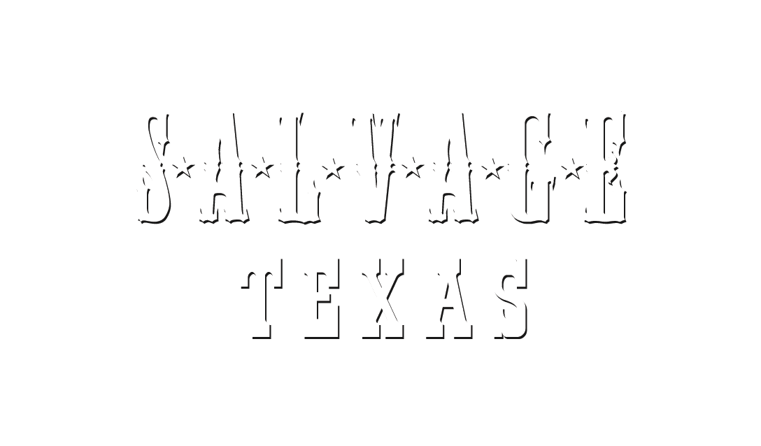 The image features a stylized logo for Salvage Texas, presented in bold, rustic lettering. The text is set against a black background, emphasizing the vintage aesthetic and inviting atmosphere of the camping experience.