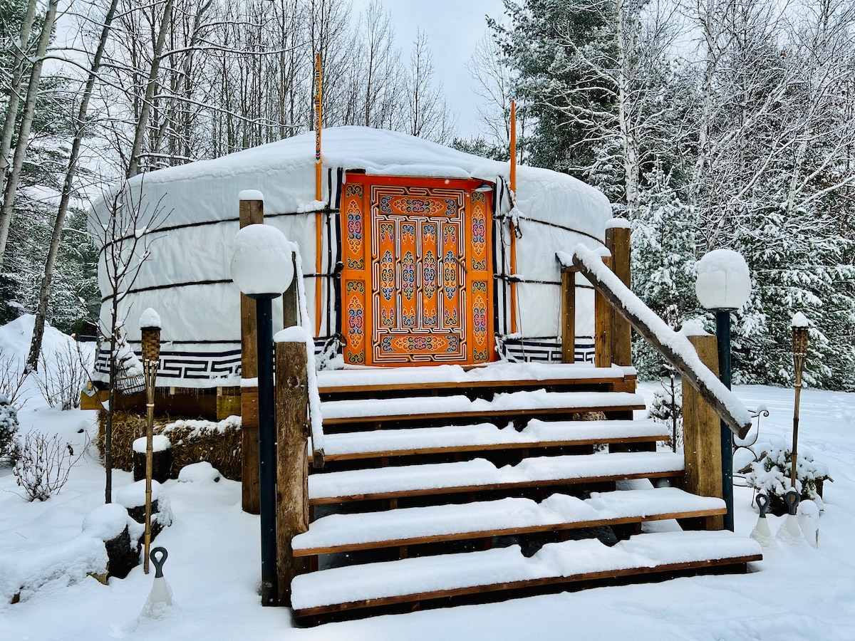 A traditional Mongolian yurt is presented in a snowy landscape, featuring a vibrant orange entrance with intricate hand-painted designs. Snow accumulates on the steps leading up to the yurt, surrounded by bare trees and a serene winter setting.