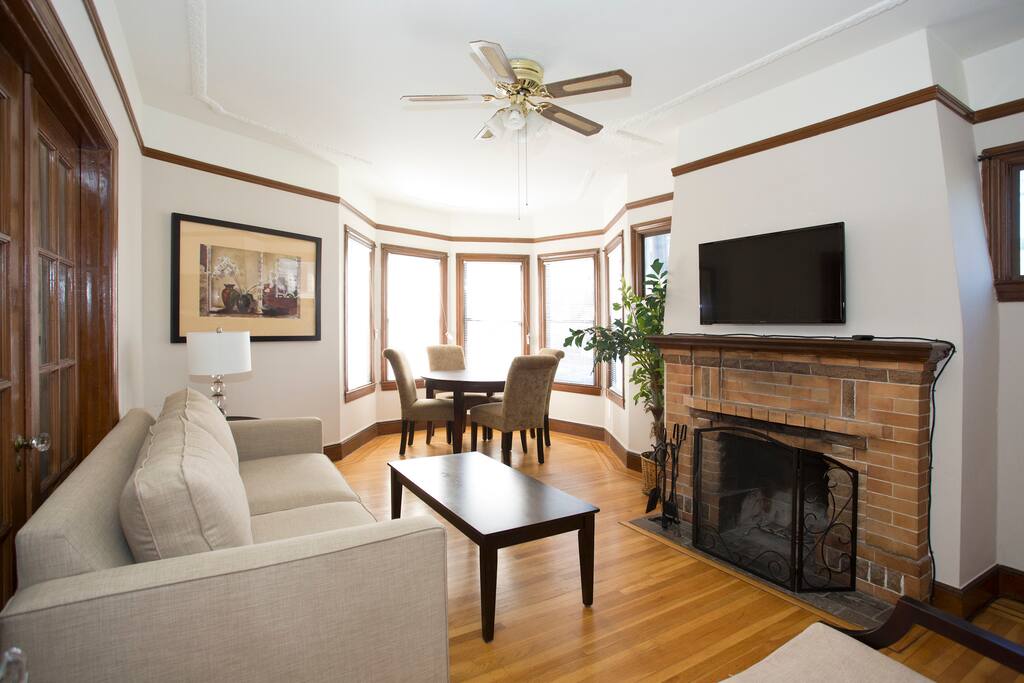 Comfortable living room and dining room, view towards dining area