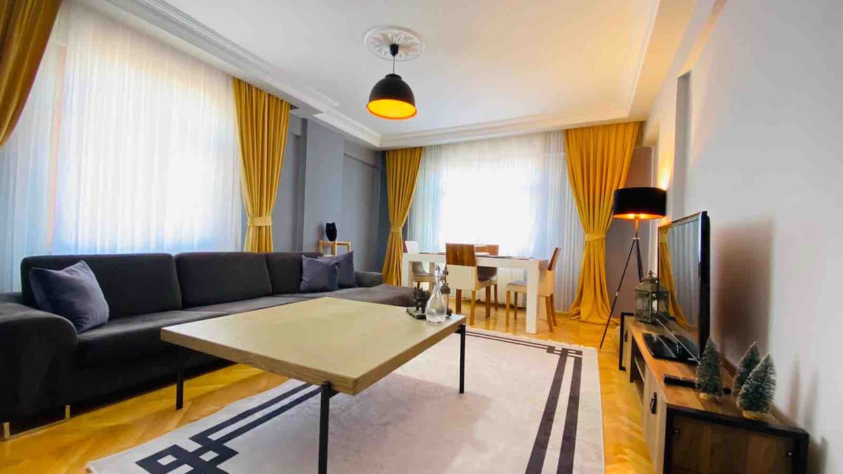 A spacious living area is featured, furnished with a dark sofa and a rectangular coffee table at its center. Light drapes frame large windows, allowing natural light to fill the space. A dining table is positioned nearby, complemented by stylish chairs. A television is present on a console.
