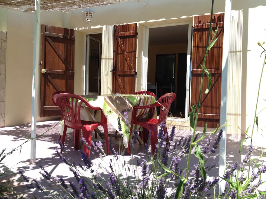 terrasse au milieu des lavandes