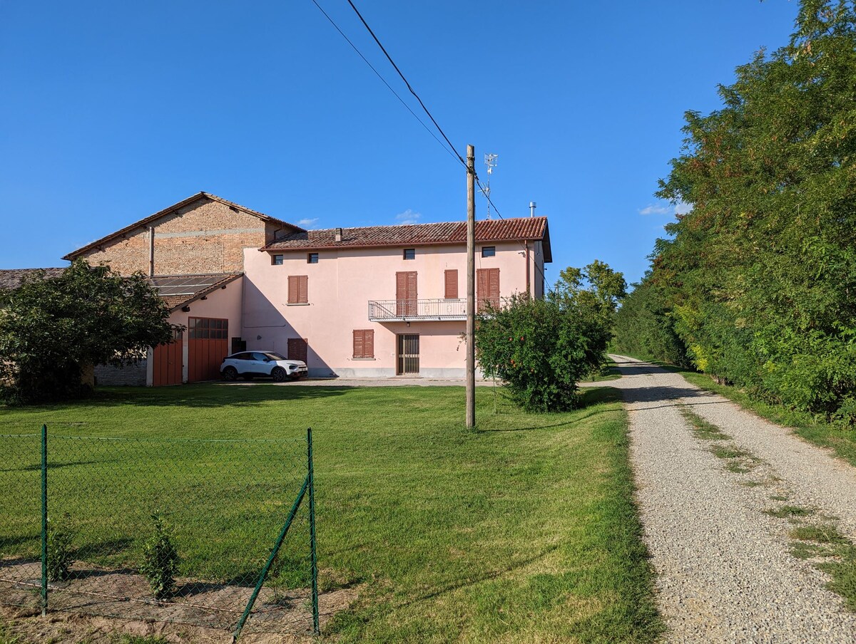 A rustic two-story farmhouse with a pink facade is surrounded by lush greenery and open fields. A gravel path leads to the entrance, while a car is parked nearby. The structure features multiple windows and traditional architectural elements.