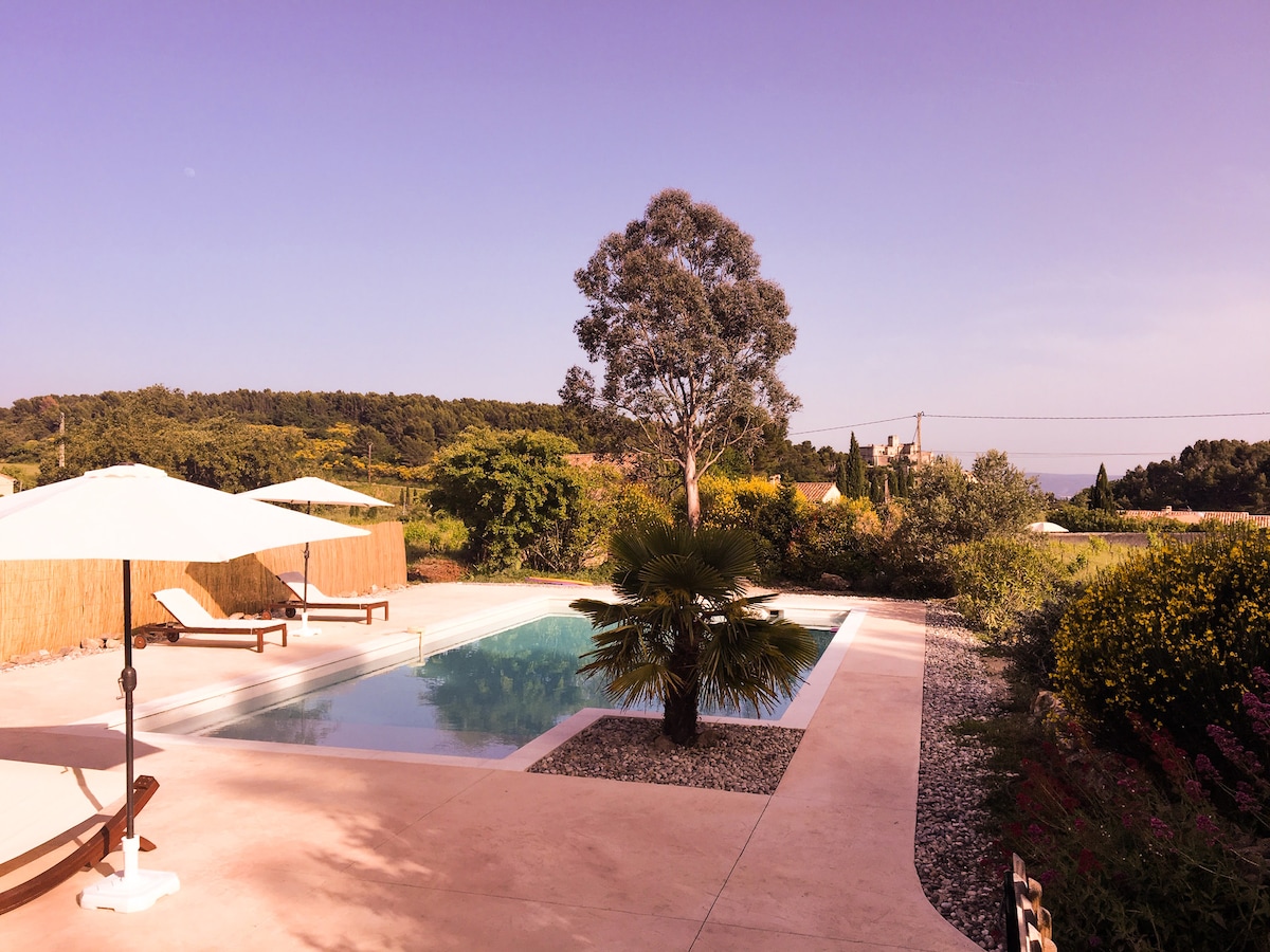 A serene outdoor area features a swimming pool surrounded by lush greenery, with stylish lounge chairs positioned under large umbrellas. A palm tree adds a tropical touch, while a fence provides privacy. The landscape showcases a mix of colorful plants and distant hills, creating a tranquil retreat.
