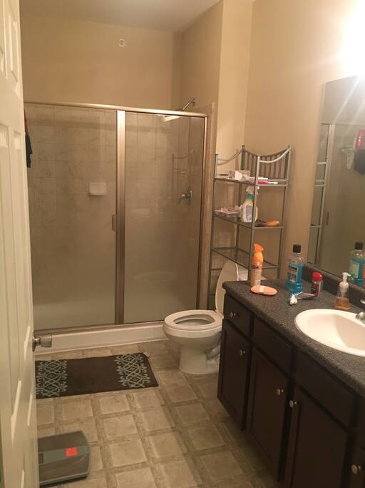 Clean bathroom with all needed stuff like towers and soap plus toilet papers