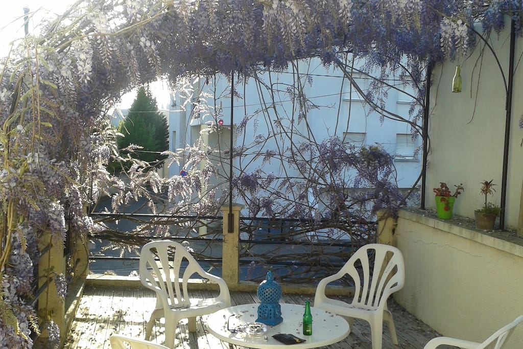 La terrasse sous la glycine, pour profiter d'un instant de répit au soleil ou à l'abri de l'ombre.