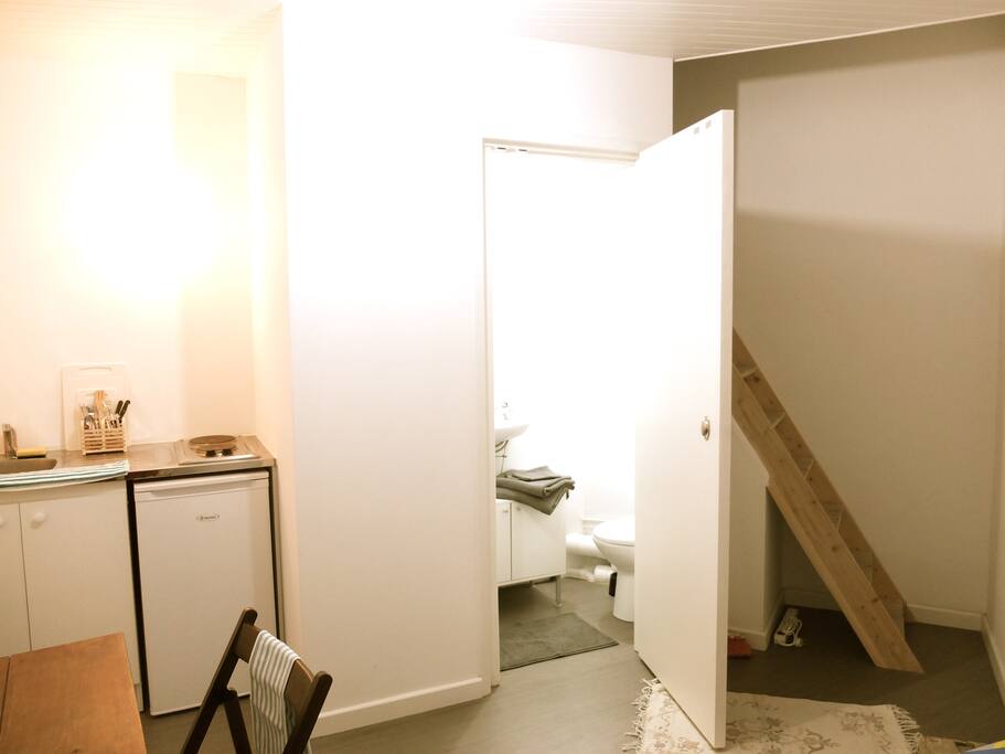 Kitchenette, salle de bains (douche/WC), accès à la mezzanine via l'escalier - RDC