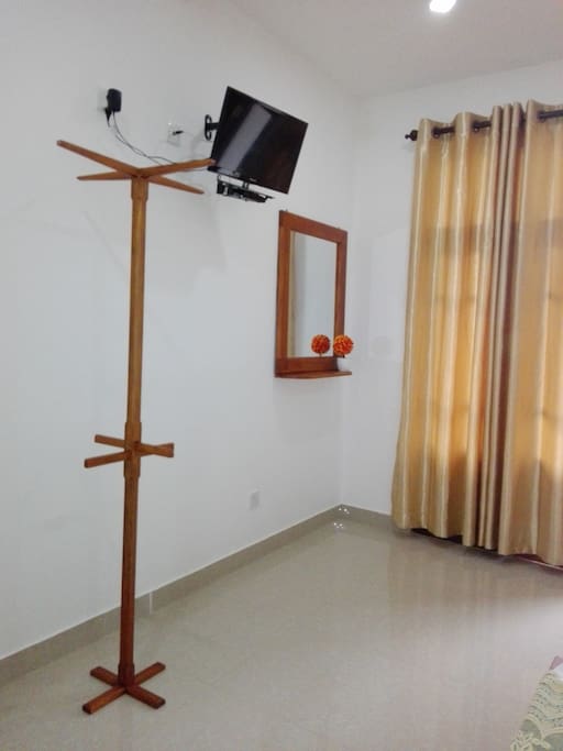 Towel rack, television and mirror