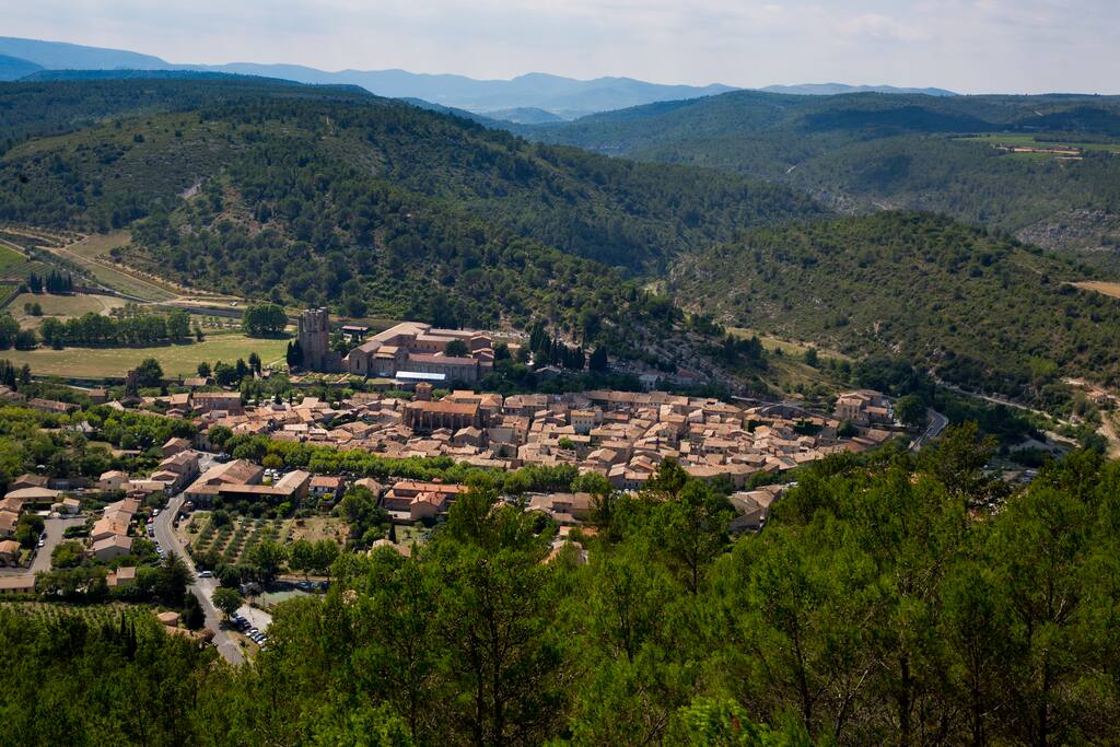 Looking down on the beautiful village of Lagrasse, with the rolling hills of the Corbieres stretching out beyond