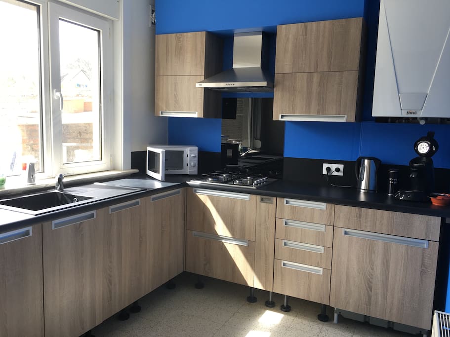 Cuisine avec micro onde bouilloire électrique et cafetière senseo Et réfrigérateur avec compartiment glaçons