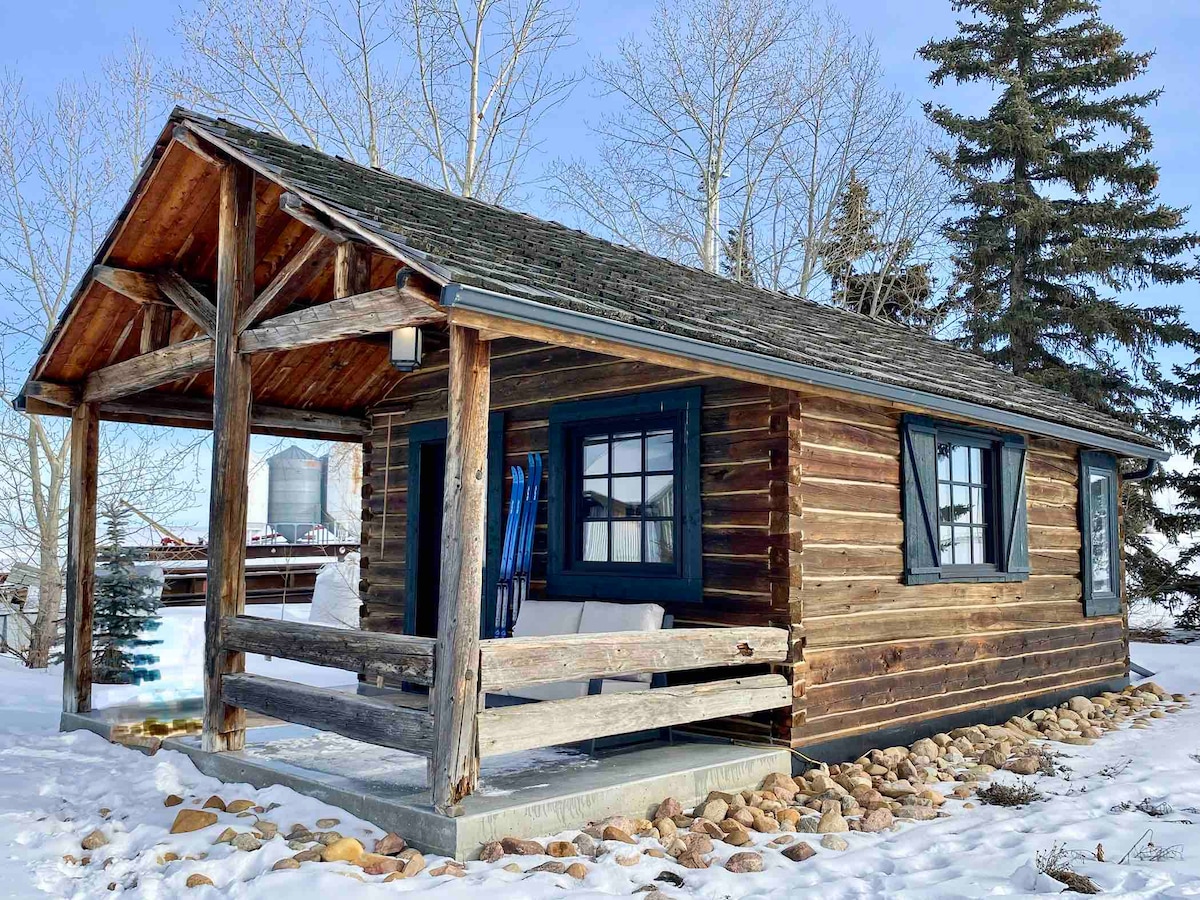 The quaint cabin is constructed from rustic logs and features a covered entrance supported by wooden beams. Snow blankets the ground, and the surrounding landscape includes bare trees and a clear blue sky. Windows provide a glimpse into the cozy interior.