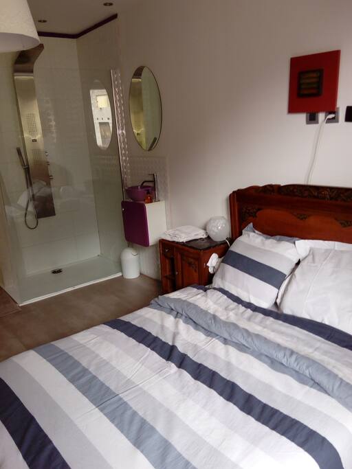La chambre comprend une douche et un lave-mains privatifs