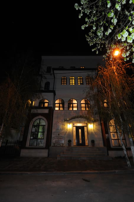 Outside view of building at night