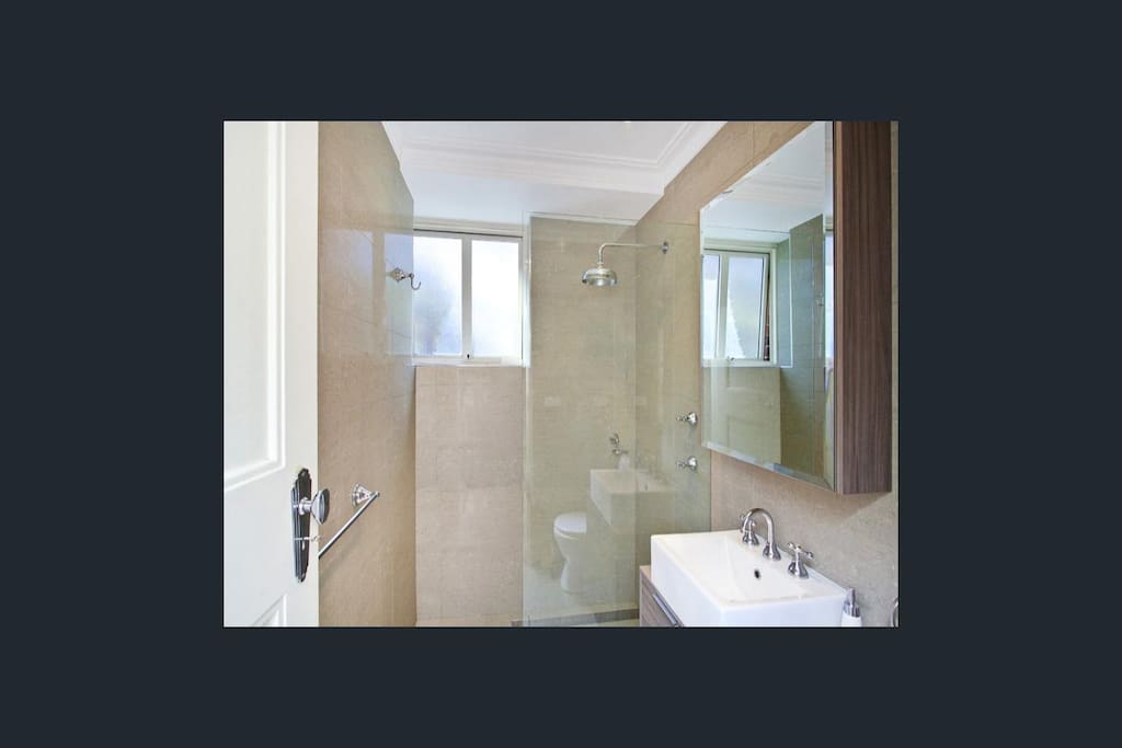 Renovated and stylish bathroom separate from bedroom.