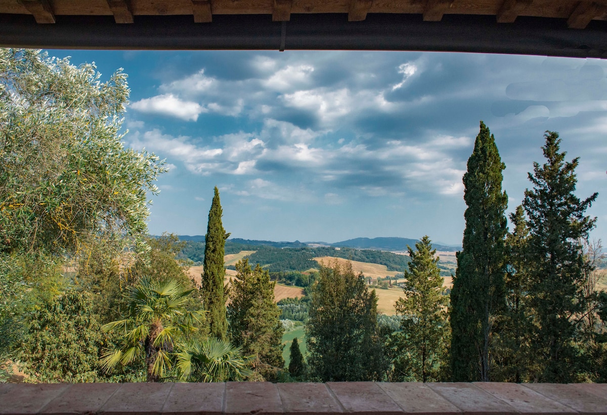 A panoramic view of rolling hills and lush greenery is visible through a wooden frame. Tall pines and palms contribute to the natural landscape, under a partly cloudy sky that creates a serene atmosphere.