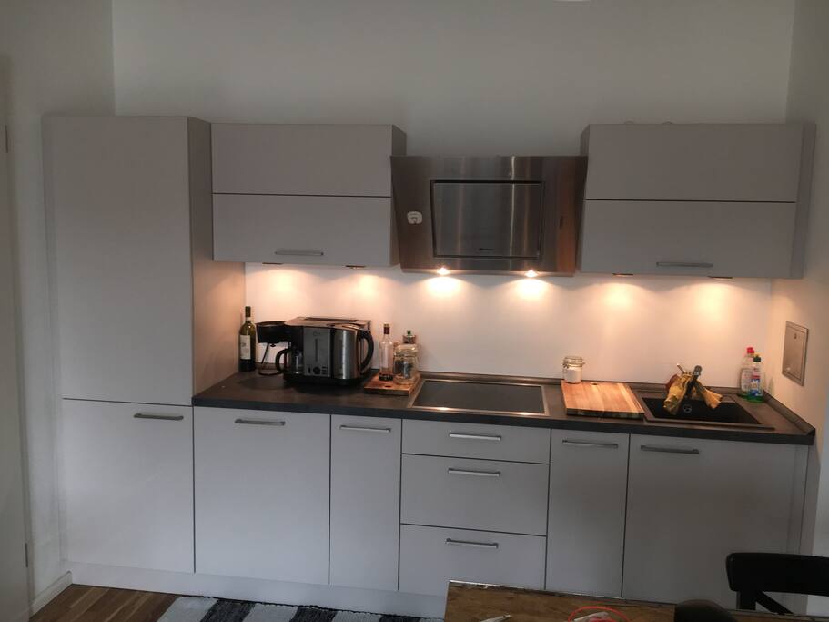 The open kitchen with dishwascher, stove, fridge and oven.