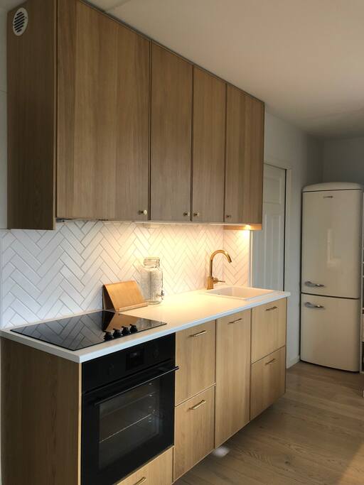 Kitchen area with dishwasher, stove and induction stovetops