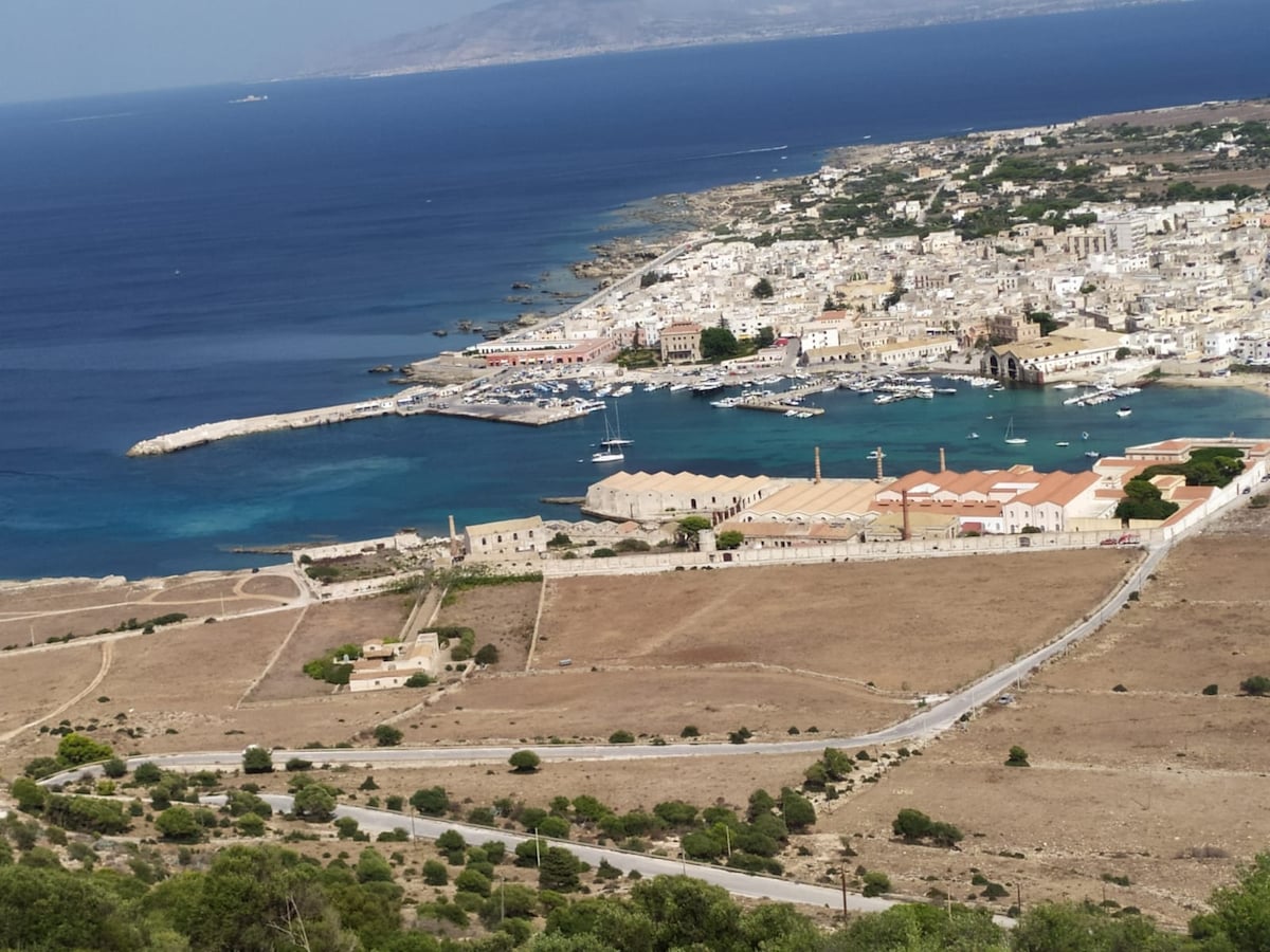 A panoramic view reveals a coastal landscape of the island, featuring a harbor with boats and distant buildings against a backdrop of clear blue water and sky. Rolling hills and patches of greenery are visible in the foreground, enhancing the serenity of the scene.